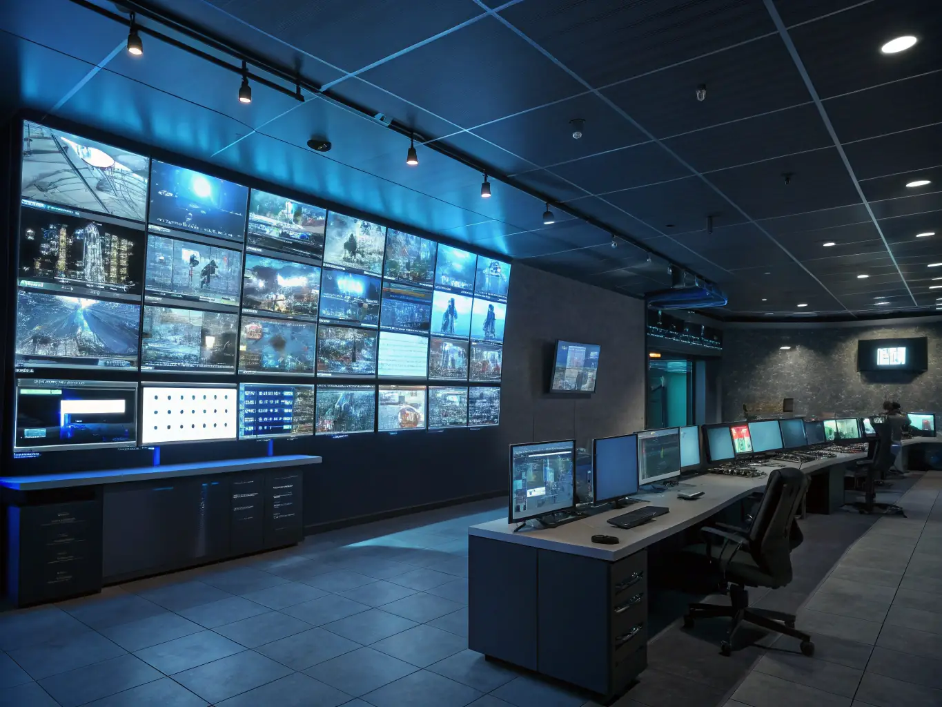 A detailed architectural rendering of a state-of-the-art command center, emphasizing its robust construction and advanced security features, designed to protect against a wide range of threats.